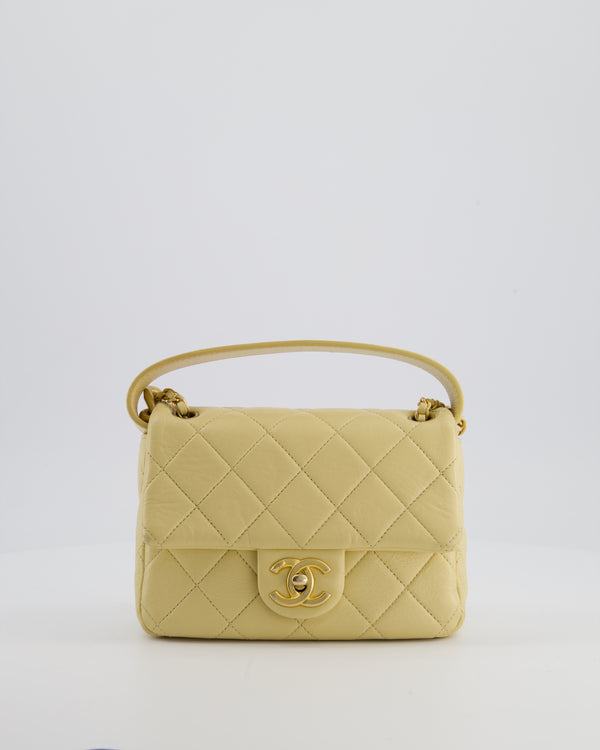Chanel Mini Flap Bag in Pale Yellow Lambskin Leather with Chunky Chain and Gold Hardware
