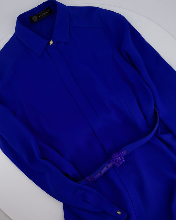 Versace Electric Blue Shirt Dress with Jellyfish Buckle Leather Belt Size IT 42 (UK 10)