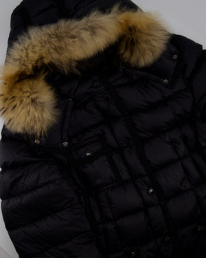 Moncler Black Long Sleeve Puffer Jacket with Raccoon Fur Hood Detail Size 5 (UK XXL)