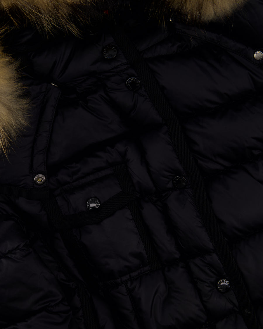 Moncler Black Long Sleeve Puffer Jacket with Raccoon Fur Hood Detail Size 5 (UK XXL)