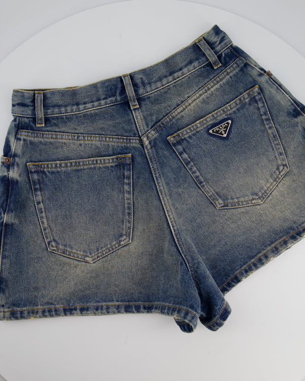 Prada Blue Denim Shorts with Logo Plaque Detail Size IT 40 (UK 8)