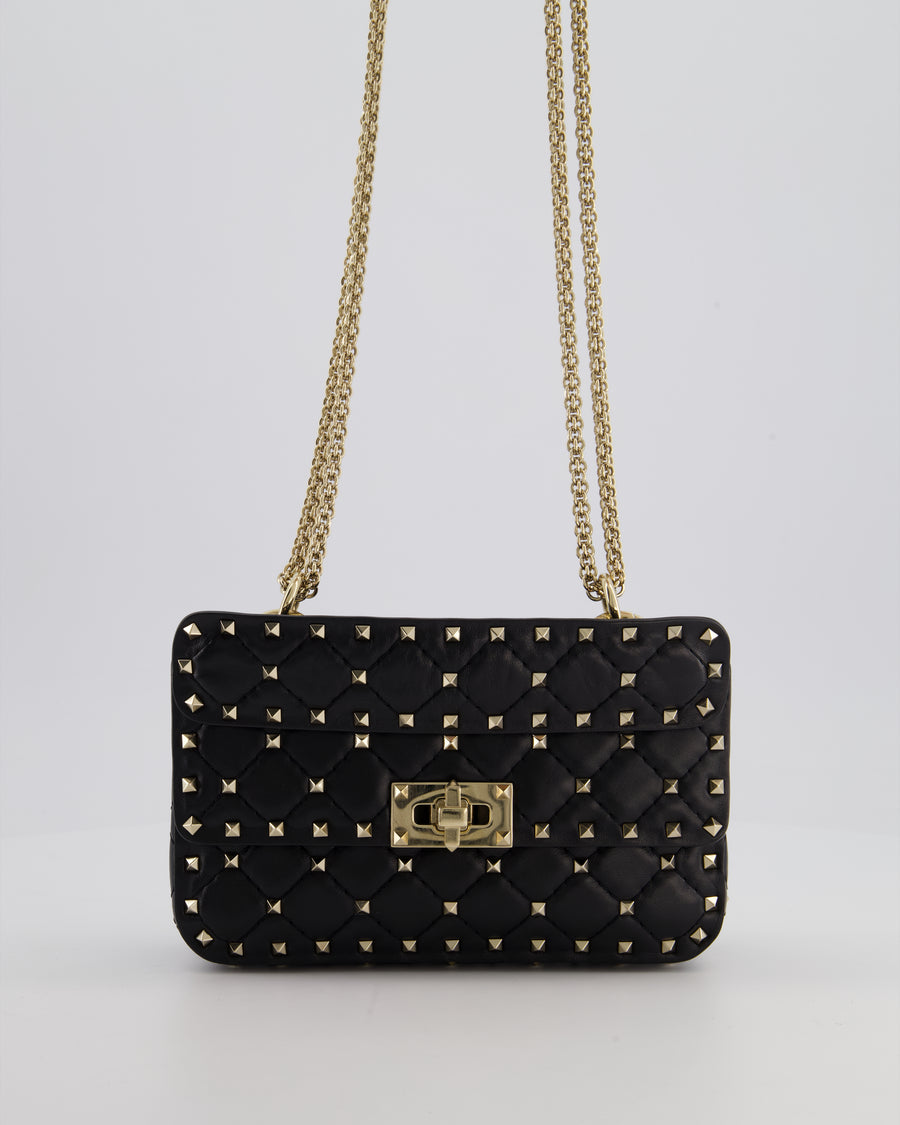 *FIRE PRICE* Valentino Black Small Rockstud Spike Top Handle Bag in Lambskin Leather with Champagne Gold Studs & Chain Detail RRP £2,150