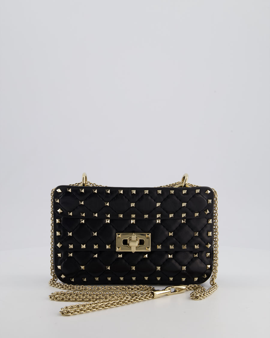 *FIRE PRICE* Valentino Black Small Rockstud Spike Top Handle Bag in Lambskin Leather with Champagne Gold Studs & Chain Detail RRP £2,150
