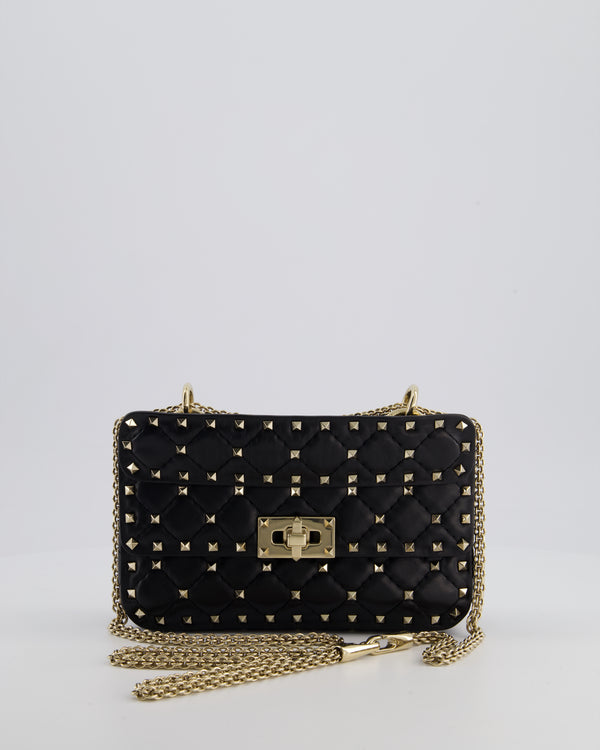 *FIRE PRICE* Valentino Black Small Rockstud Spike Top Handle Bag in Lambskin Leather with Champagne Gold Studs & Chain Detail RRP £2,150