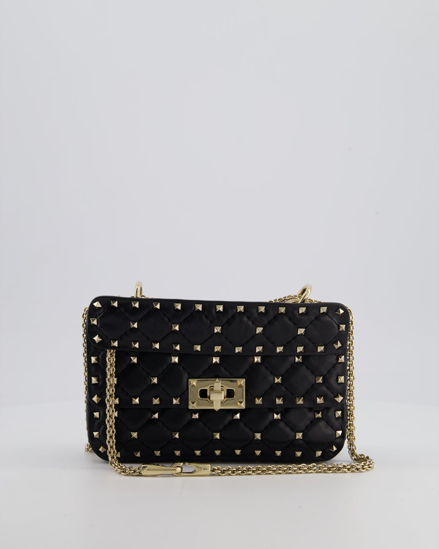 *FIRE PRICE* Valentino Black Small Rockstud Spike Top Handle Bag in Lambskin Leather with Champagne Gold Studs & Chain Detail RRP £2,150