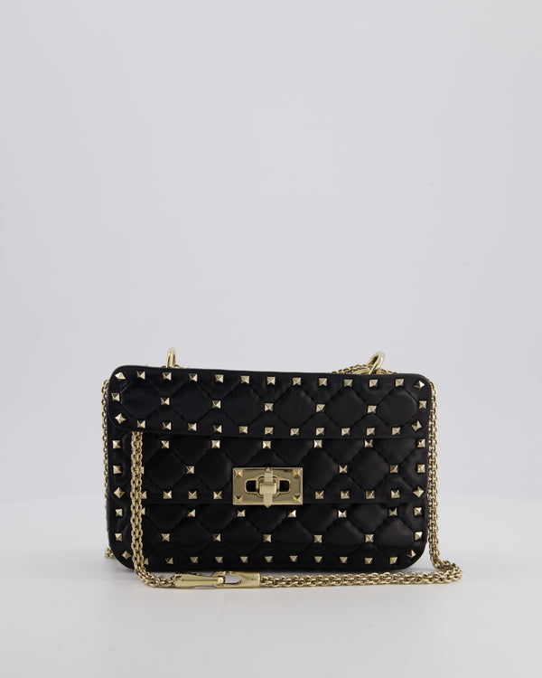 *FIRE PRICE* Valentino Black Small Rockstud Spike Top Handle Bag in Lambskin Leather with Champagne Gold Studs & Chain Detail RRP £2,150