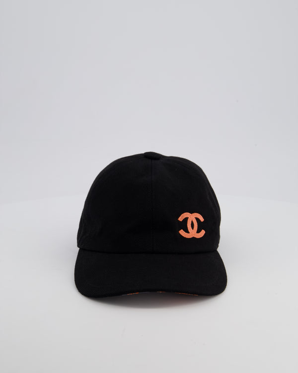 Chanel Black Canvas Baseball Cap with Coral CC Logo