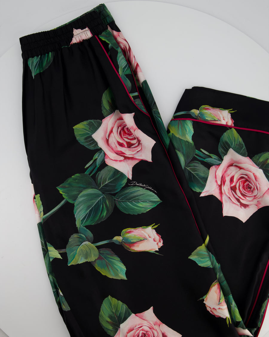 Dolce & Gabbana Black Floral Print Silk Trousers Size IT 42 (UK 12)