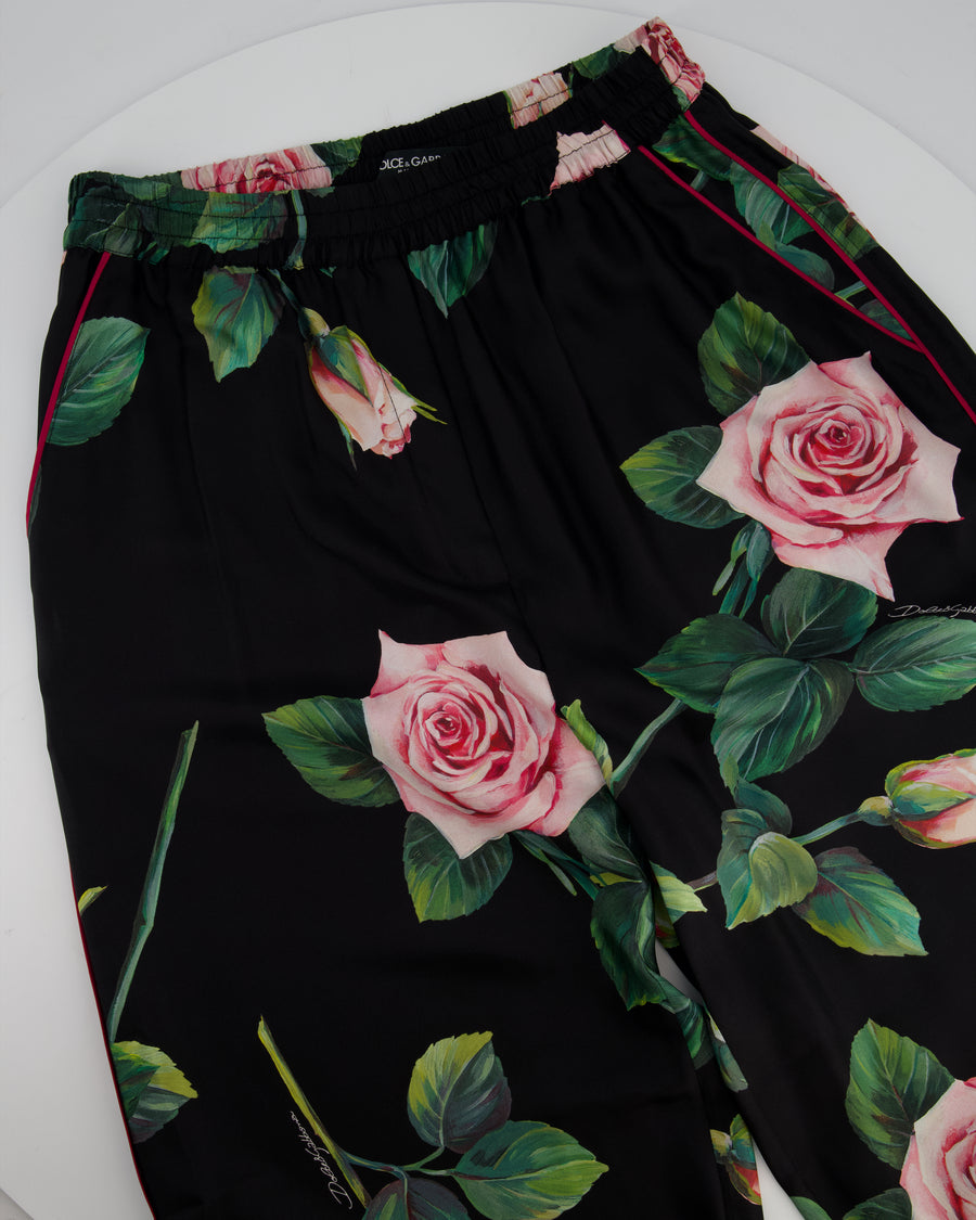 Dolce & Gabbana Black Floral Print Silk Trousers Size IT 42 (UK 12)