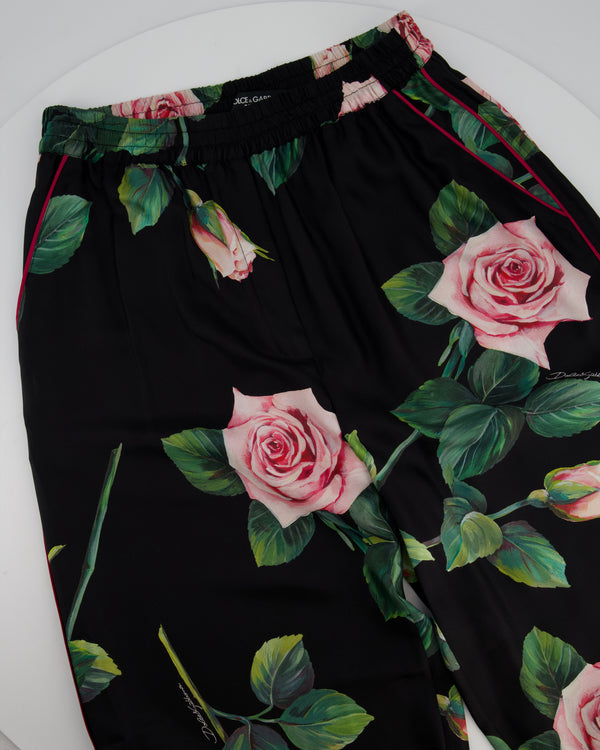 Dolce & Gabbana Black Floral Print Silk Trousers Size IT 42 (UK 12)