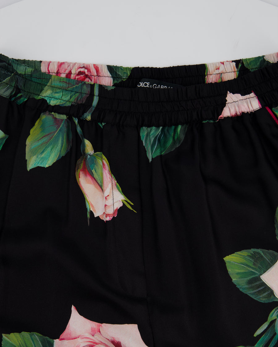 Dolce & Gabbana Black Floral Print Silk Trousers Size IT 42 (UK 12)