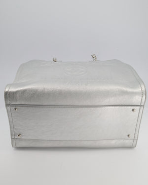 *HOT* Chanel Metallic Silver Deauville Tote Bag in Aged Calfskin Leather with Silver Hardware