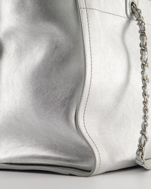 *HOT* Chanel Metallic Silver Deauville Tote Bag in Aged Calfskin Leather with Silver Hardware