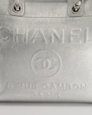 *HOT* Chanel Metallic Silver Deauville Tote Bag in Aged Calfskin Leather with Silver Hardware