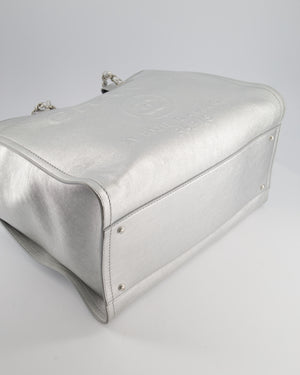 *HOT* Chanel Metallic Silver Deauville Tote Bag in Aged Calfskin Leather with Silver Hardware