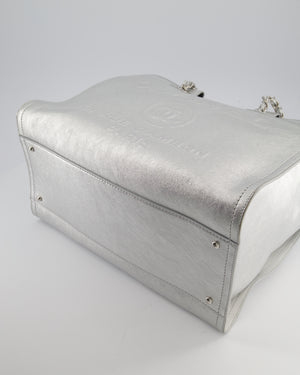 *HOT* Chanel Metallic Silver Deauville Tote Bag in Aged Calfskin Leather with Silver Hardware