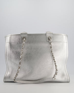 *HOT* Chanel Metallic Silver Deauville Tote Bag in Aged Calfskin Leather with Silver Hardware