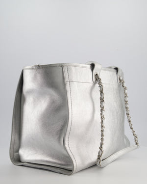 *HOT* Chanel Metallic Silver Deauville Tote Bag in Aged Calfskin Leather with Silver Hardware