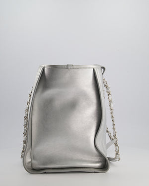 *HOT* Chanel Metallic Silver Deauville Tote Bag in Aged Calfskin Leather with Silver Hardware