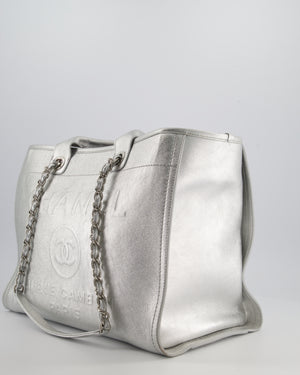 *HOT* Chanel Metallic Silver Deauville Tote Bag in Aged Calfskin Leather with Silver Hardware