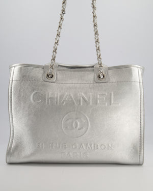 *HOT* Chanel Metallic Silver Deauville Tote Bag in Aged Calfskin Leather with Silver Hardware