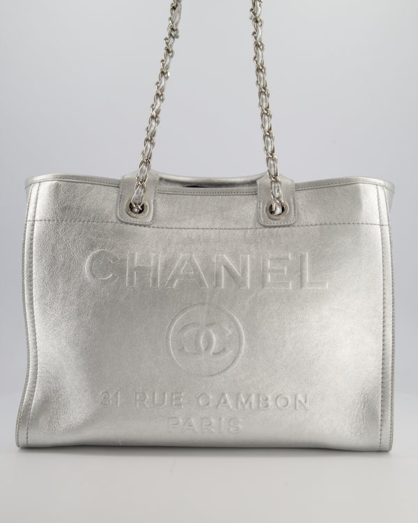 *HOT* Chanel Metallic Silver Deauville Tote Bag in Aged Calfskin Leather with Silver Hardware