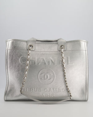 *HOT* Chanel Metallic Silver Deauville Tote Bag in Aged Calfskin Leather with Silver Hardware