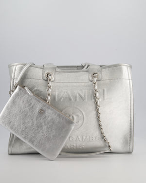 *HOT* Chanel Metallic Silver Deauville Tote Bag in Aged Calfskin Leather with Silver Hardware