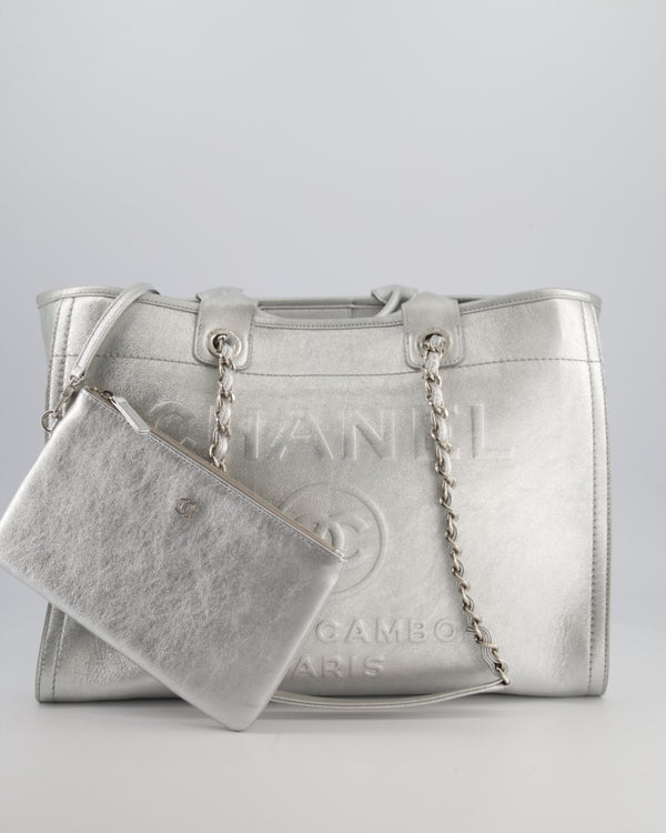 *HOT* Chanel Metallic Silver Deauville Tote Bag in Aged Calfskin Leather with Silver Hardware