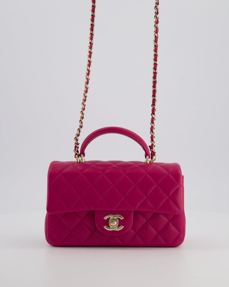 Chanel Mini Rectangular Top Handle Bag in Hibiscus Pink Lambskin Leather with Champagne Gold Hardware