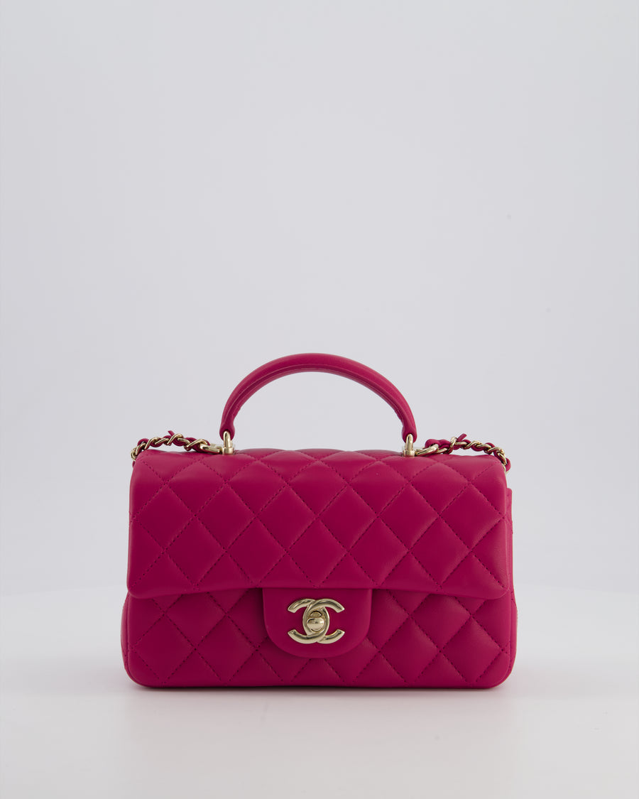 Chanel Mini Rectangular Top Handle Bag in Hibiscus Pink Lambskin Leather with Champagne Gold Hardware