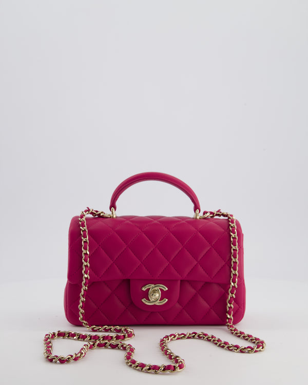 Chanel Mini Rectangular Top Handle Bag in Hibiscus Pink Lambskin Leather with Champagne Gold Hardware