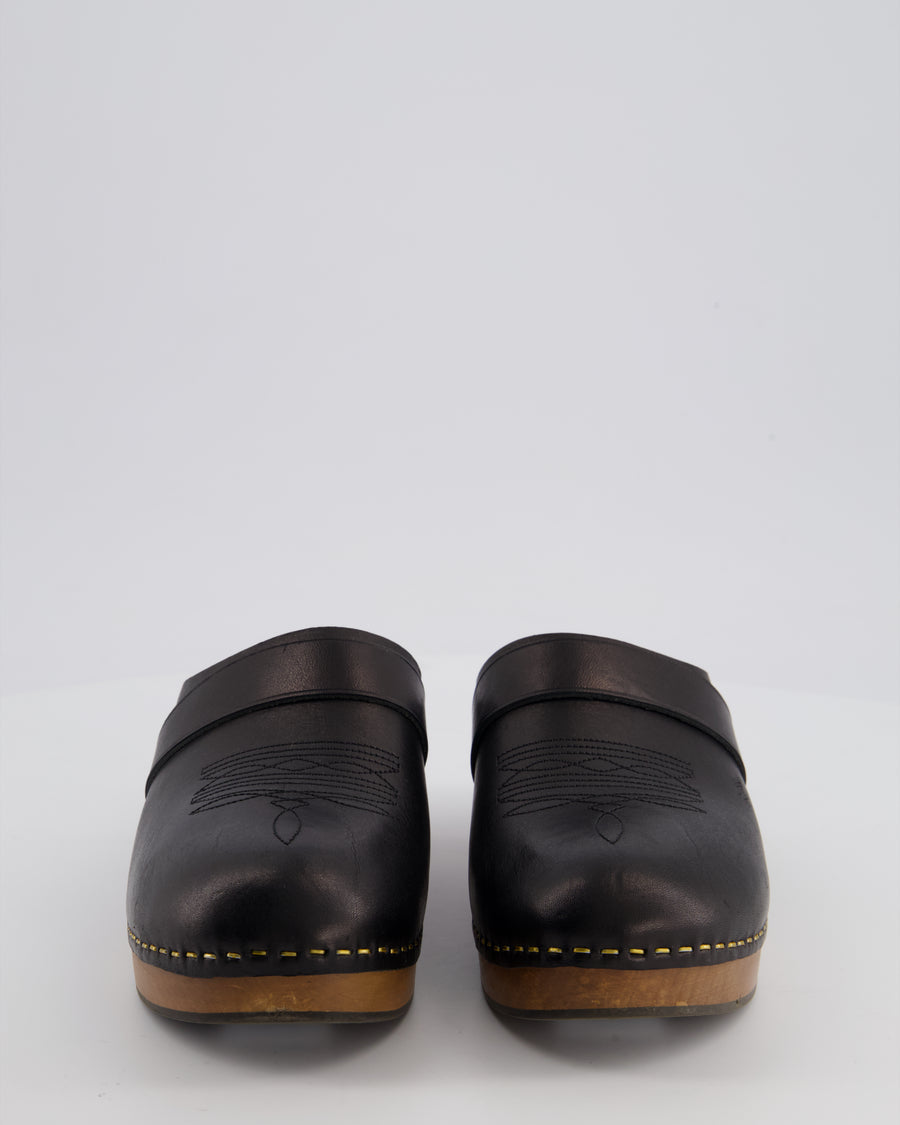 Saint Laurent Black Leather and Wood Clogs with Stitching Detail Size EU 38