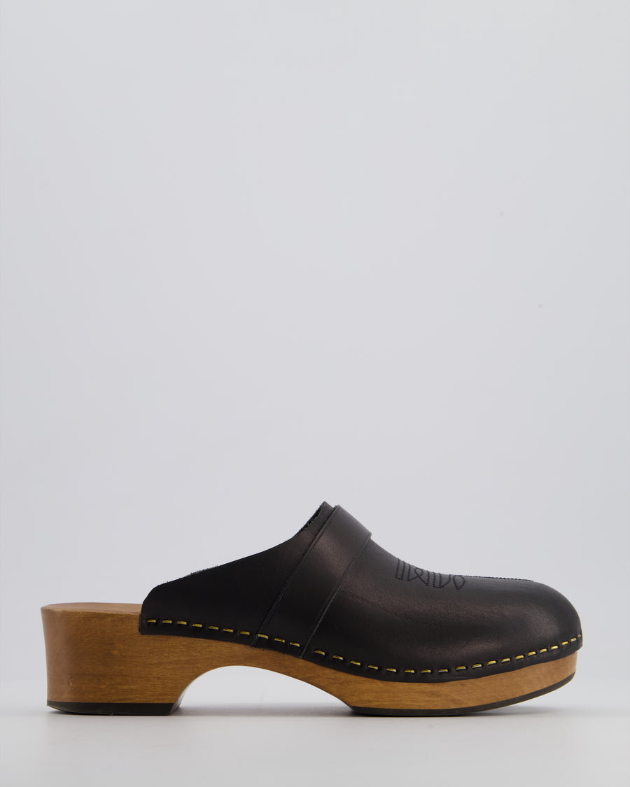 Saint Laurent Black Leather and Wood Clogs with Stitching Detail Size EU 38