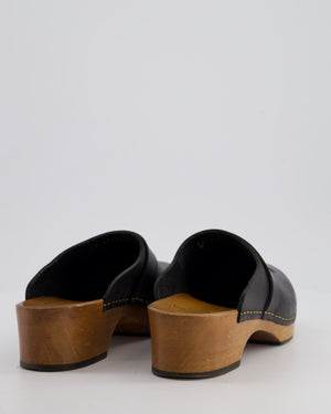 Saint Laurent Black Leather and Wood Clogs with Stitching Detail Size EU 38