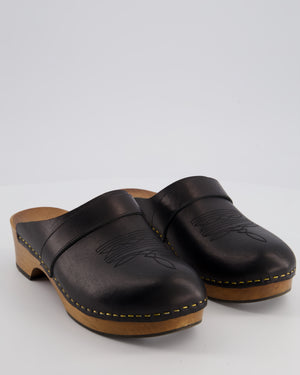 Saint Laurent Black Leather and Wood Clogs with Stitching Detail Size EU 38