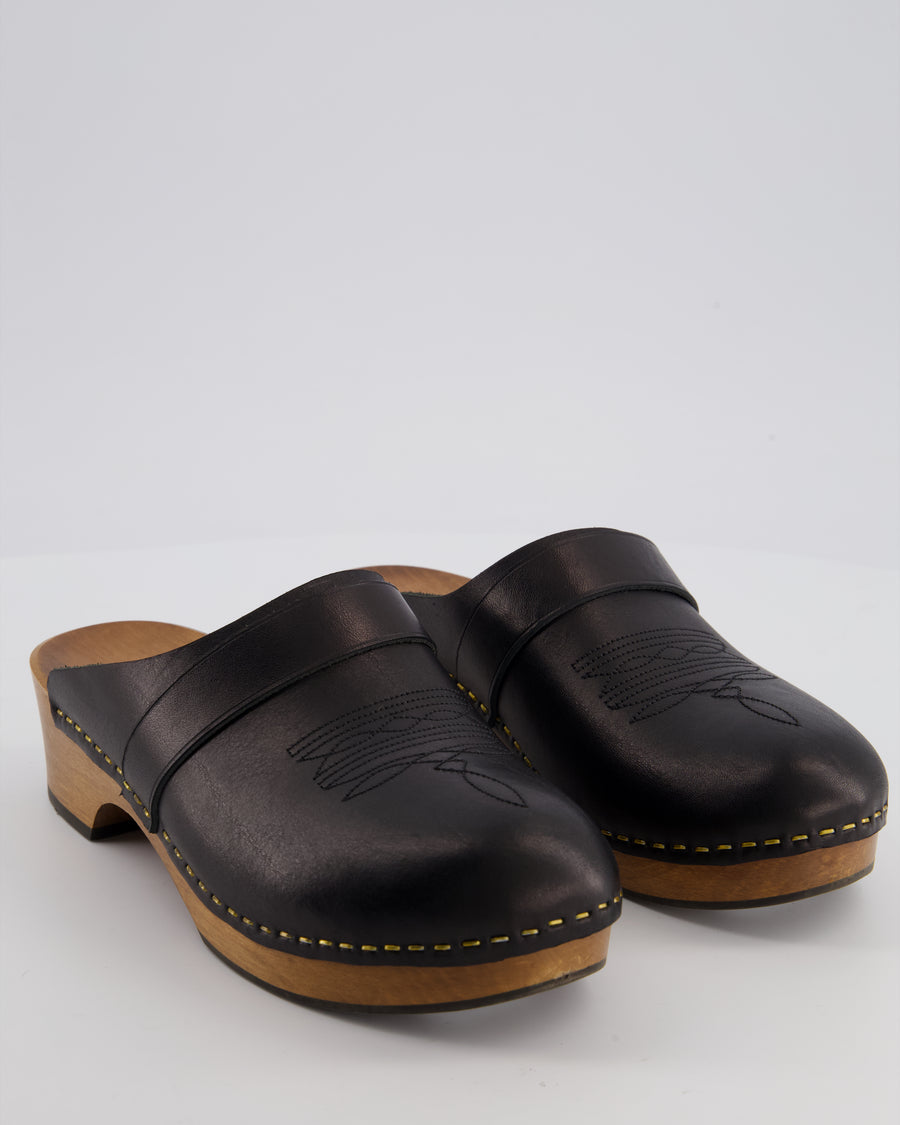 Saint Laurent Black Leather and Wood Clogs with Stitching Detail Size EU 38