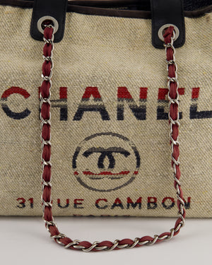 Chanel Blue and Red Medium Deauville Tote with Stripe Detail and Silver Hardware