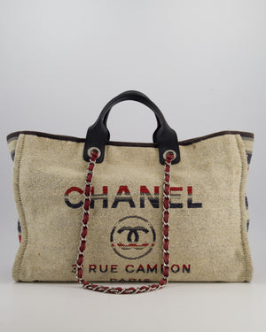 Chanel Blue and Red Medium Deauville Tote with Stripe Detail and Silver Hardware