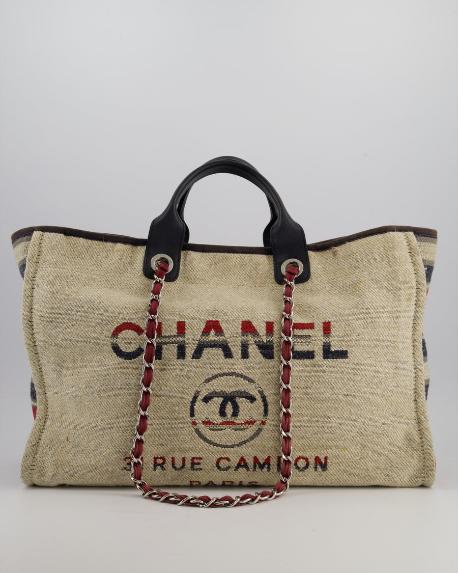 Chanel Blue and Red Medium Deauville Tote with Stripe Detail and Silver Hardware