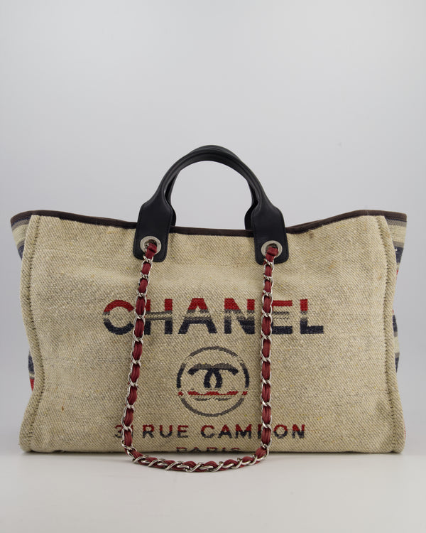 Chanel Blue and Red Medium Deauville Tote with Stripe Detail and Silver Hardware