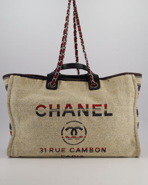 Chanel Blue and Red Medium Deauville Tote with Stripe Detail and Silver Hardware