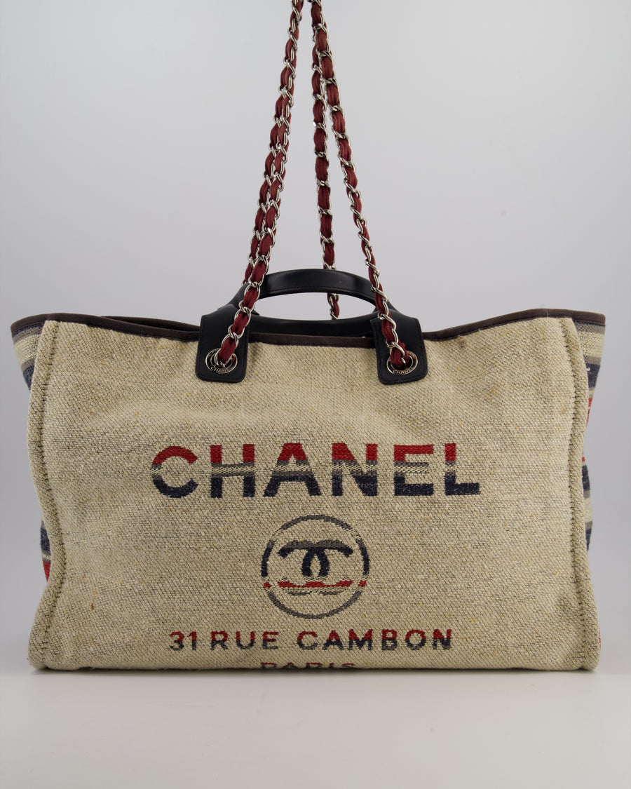 Chanel Blue and Red Medium Deauville Tote with Stripe Detail and Silver Hardware