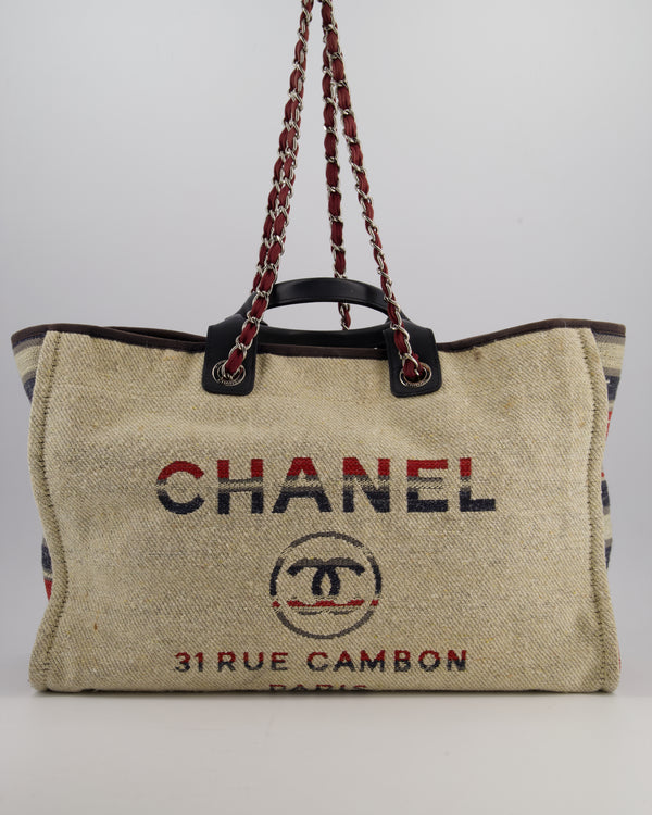 Chanel Blue and Red Medium Deauville Tote with Stripe Detail and Silver Hardware