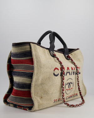 Chanel Blue and Red Medium Deauville Tote with Stripe Detail and Silver Hardware