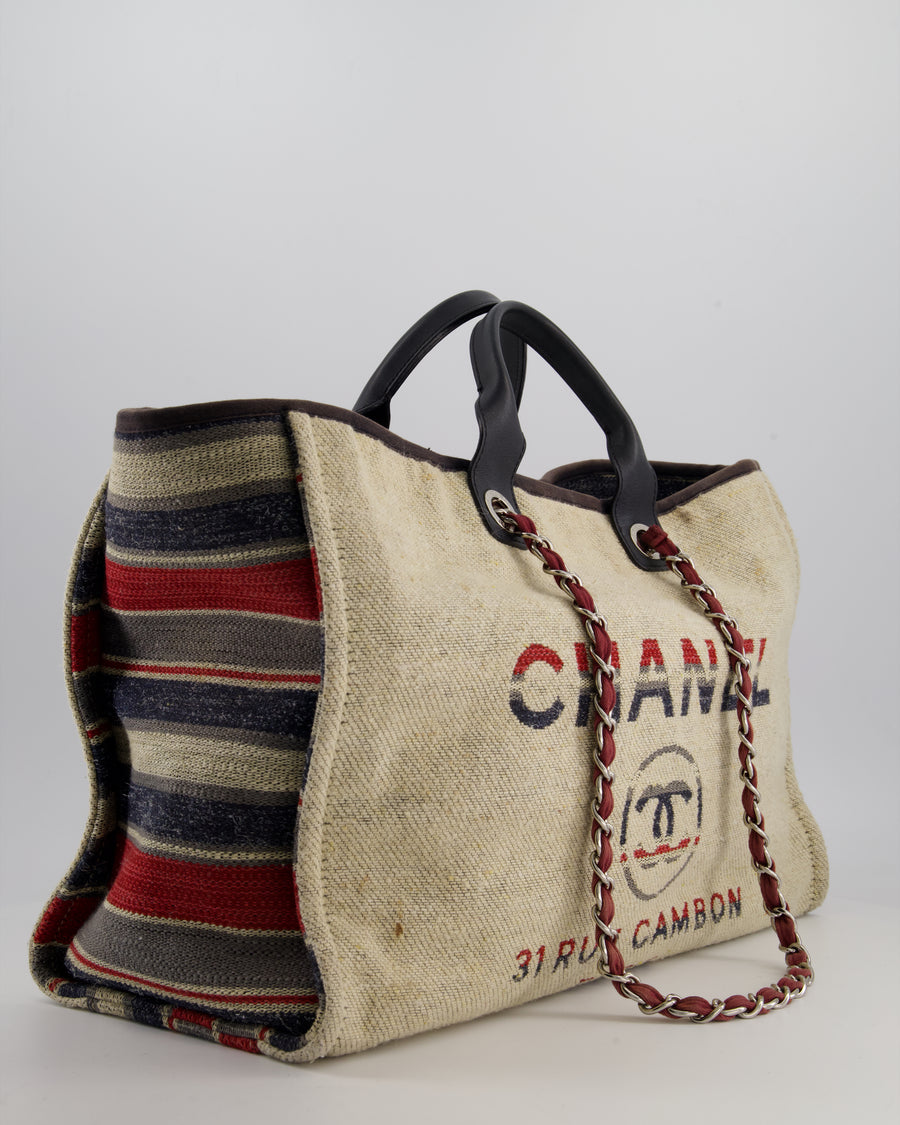 Chanel Blue and Red Medium Deauville Tote with Stripe Detail and Silver Hardware