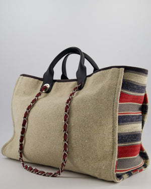 Chanel Blue and Red Medium Deauville Tote with Stripe Detail and Silver Hardware