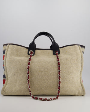 Chanel Blue and Red Medium Deauville Tote with Stripe Detail and Silver Hardware