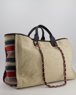 Chanel Blue and Red Medium Deauville Tote with Stripe Detail and Silver Hardware