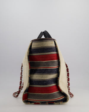 Chanel Blue and Red Medium Deauville Tote with Stripe Detail and Silver Hardware